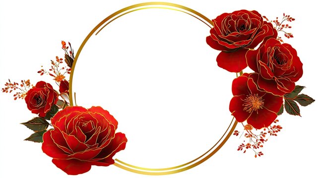 Ornate circular frame decorated with deep red roses and gold accents on a white background