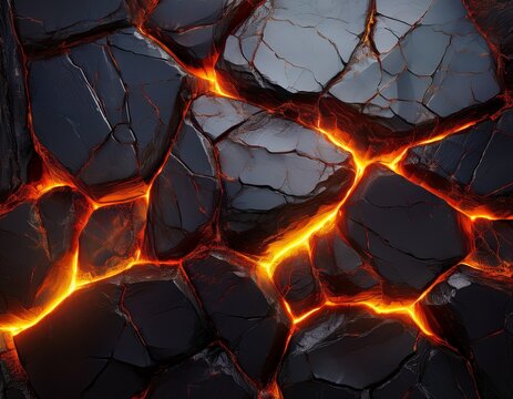 obsidian rock wall split by glowing gold and orange lava cracks in jagged background surface