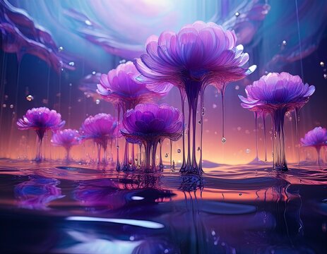 surreal water surface with floating purple flowers and dripping glowing ink background