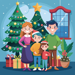Joyful cartoon family celebrating christmas surrounded by festive decorated trees and abundant gifts