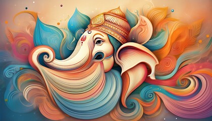 colorful abstract ganesh artwork with pastel layers and fluid shapes