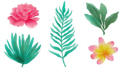 Assorted tropical flora elements depicted in vibrant watercolor painting style