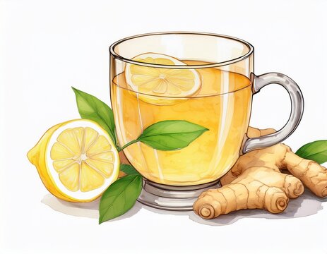 glass of ginger tea with lemon watercolor isolated on a white background - Powered by Adobe