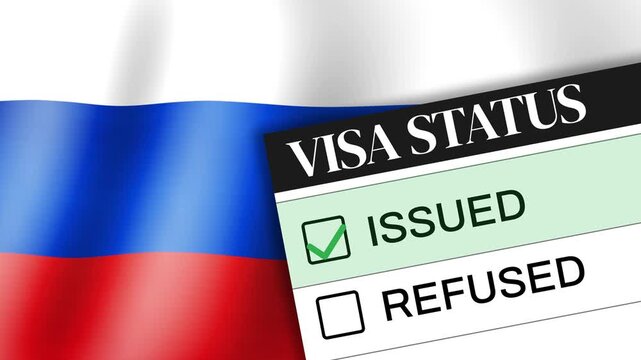 Russia visa issued concept 4k footage with hand ticking the box green and waving flag in the backdrop