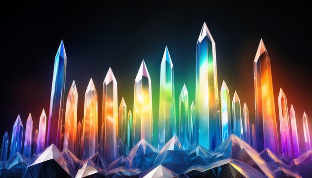 towering crystal spires wallpaper with radiant rainbow light facets on dark sky