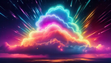 dreamy vaporwave rainbow cloud with luminous neon lightning in night sky