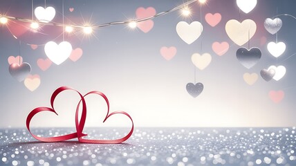 Two intertwined red ribbon hearts on a sparkling surface with bokeh heart lights above