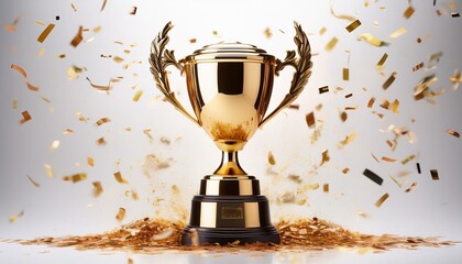trophy cup sport award shining golden cup falling confetti champion trophy champions realistic celebration winning concept winner prize isolated white backgroun
