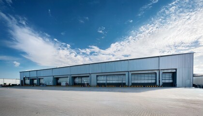 modern warehouse building with large glass windows and loading docks under a bright blue sky with white clouds