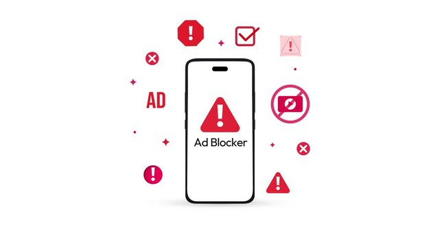 Smartphone ad blocker concept 4k animation with red errors and virus floating around the phone