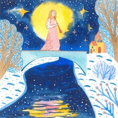 Hand-painted watercolor illustration.
An angel stands on a bridge by the river, moonlight shining. He plays the flute.
A beautiful image for your print.