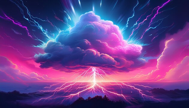 vaporwave fantasy storm cloud illuminated by bright neon pastel lightning