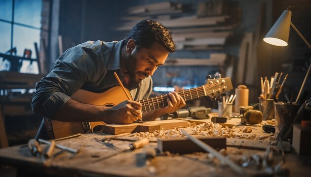 Focused male craftsman marking wood with a pencil while holding an acoustic guitar in a rustic workshop, symbolizing woodworking hobby, side hustle, creativity, and luthier work - Powered by Adobe