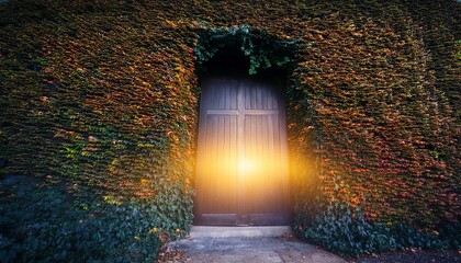 mystical doorway with glowing light and smoke in ivy covered wall at dusk