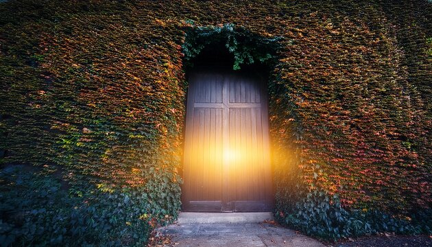 mystical doorway with glowing light and smoke in ivy covered wall at dusk