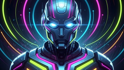 Cybernetic AI Robot with Neon Glow and Digital Light Trails perfect for Technology blog header, game design element, sci-fi book cover, digital marketing asset,