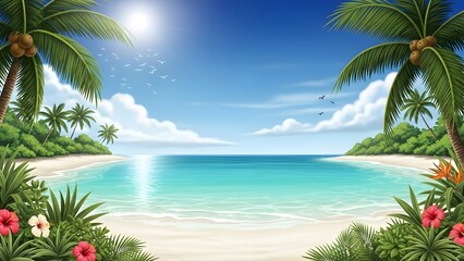 Idyllic Tropical Paradise Beach with Palm Trees and Turquoise Ocean perfect for travel brochure, website banner, vacation advertisement, desktop background,