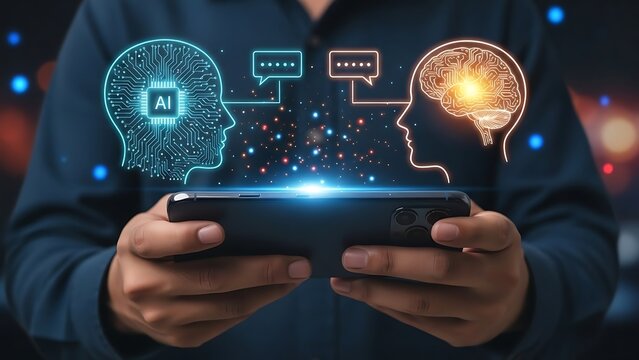AI brain connecting with human intelligence on a modern smartphone - imagine the future of technology and communication with this innovative interface