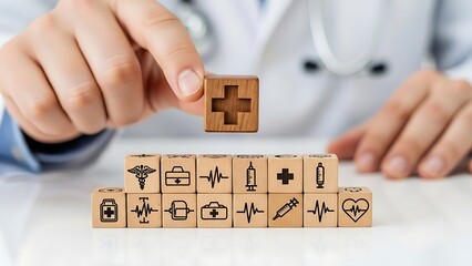 Doctor arranging healthcare symbols on wooden blocks for health and wellness concept, promoting medical insurance and hospital services in modern clinic