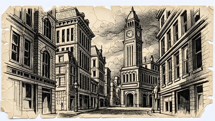 Vintage City Street Sketch with Grand Clock Tower perfect for website banner, book cover, wall art, editorial content, graphic design, print media, travel blog,