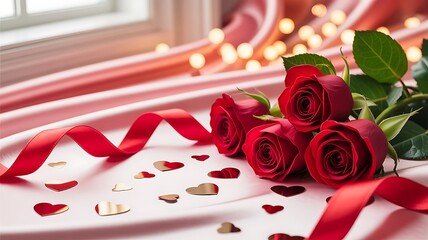 Romantic valentine s day still life with red roses ribbon and heart confetti