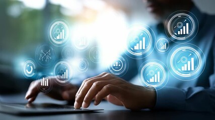 Close up of male hands using a tablet with virtual data analytics and business icons, symbolizing innovation and digital transformation. Modern workspace with focus on technology and productivity - Powered by Adobe