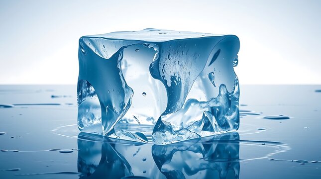 A single, clear, melting ice cube resting on a reflective surface