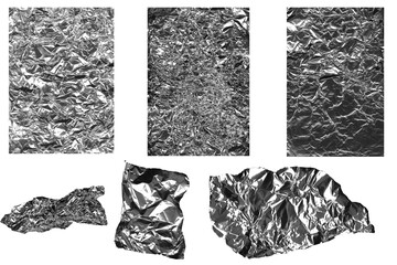 Diverse collection of crumpled silver tin foil textures and abstract metallic forms isolated on a white background for creative projects