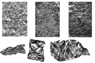 Diverse collection of crumpled silver tin foil textures and abstract metallic forms isolated on a white background for creative projects