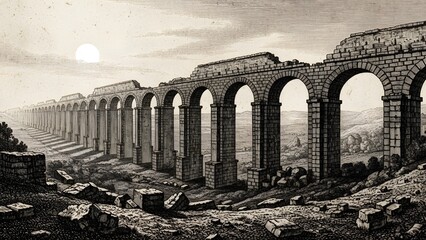 Ancient Roman Aqueduct Engraving - Classical Architecture perfect for historical publications, educational content, website background, book cover, documentary