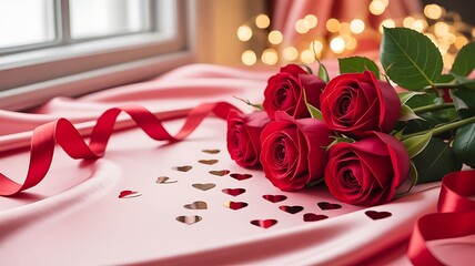 Red roses and ribbon on pink satin with heart confetti and bokeh lights