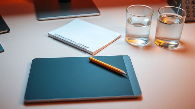 Digital drawing tablet and stylus resting on a desk with water glasses