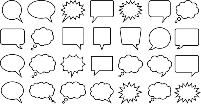 Diverse collection of hand drawn speech bubbles and thought balloons for creative communication and graphic design projects with a clean and minimalist aesthetic