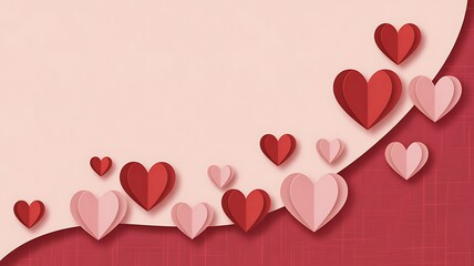 Delicate paper hearts forming a romantic pattern on a textured red and pink background