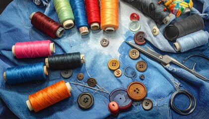Flat Lay of Colorful Sewing Supplies on Blue Fabric Background