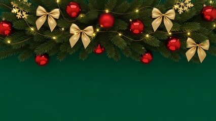 Festive christmas garland with red ornaments and gold bows on green background