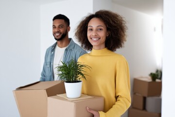 Young african american couple moving into new home holding boxes and potted plant