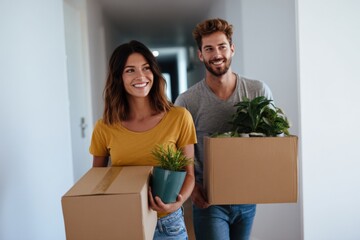 Young caucasian couple moving into new home with plants and boxes