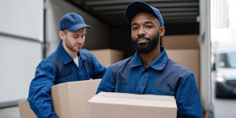 Male delivery workers loading truck with boxes in uniforms