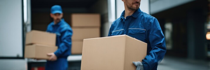 Caucasian male movers handling cardboard boxes at moving truck