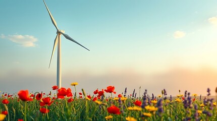 A wind turbine stands tall behind a vibrant field of red yellow and purple wildflowers at sunset