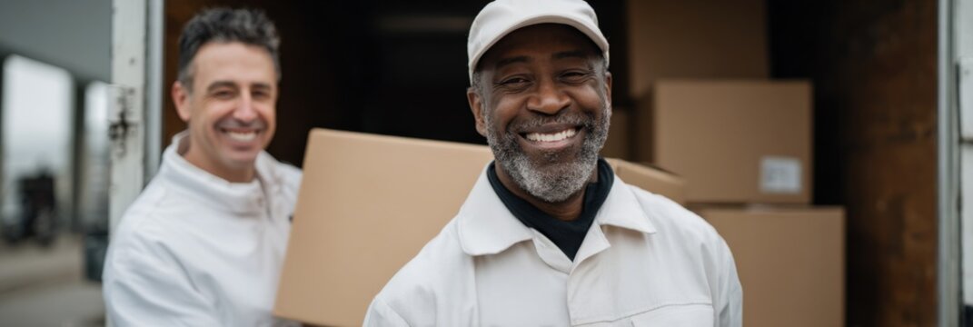 Diverse delivery team of mature african male and adult caucasian male with packages