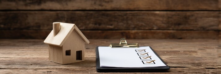 Wooden house model and checklist clipboard on rustic wooden background