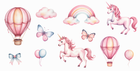 Pastel unicorn dream with floating balloons and soft rainbow skies. Watercolor unicorn moments in a sky of butterflies and clouds.