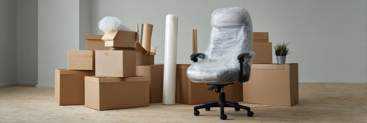 Office chair wrapped in bubble wrap among cardboard boxes and packing materials