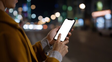 Female using smartphone with blank screen at night in urban setting