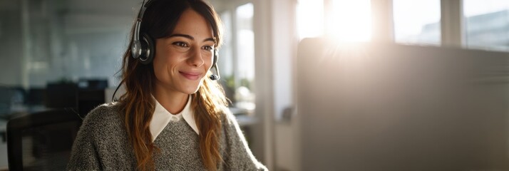Young caucasian female professional smiling in office with headset during video call