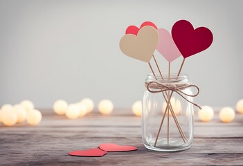 Three heart shaped decorations in a glass jar with bokeh lights in the background