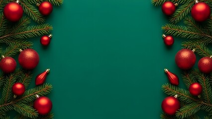 Festive red christmas ornaments adorn greenery on a deep green background