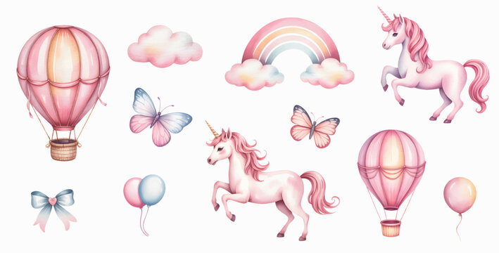Pastel unicorn dream with floating balloons and soft rainbow skies. Watercolor unicorn moments in a sky of butterflies and clouds.